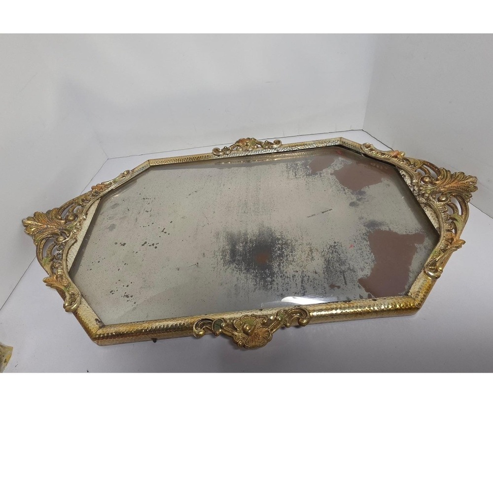 Vtg Ornate Gold Mirrored Convex Glass Octagon Heavy Patina Wall Decor Filagree